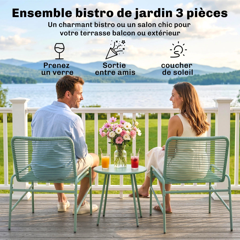 Set Giardino 3 Pezzi in Resina Intrecciata e Acciaio ¨C zephmum ¨C Verde, Tavolo Rotondo con 2 Sedie, 58x67x75cm
