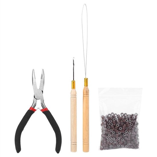 Set di Estensione Capelli Completo - 2 Pezzi di Appoggio - 500 Anelli Micro - Materiale Plastica/Legno - Lunghezza 12 cm