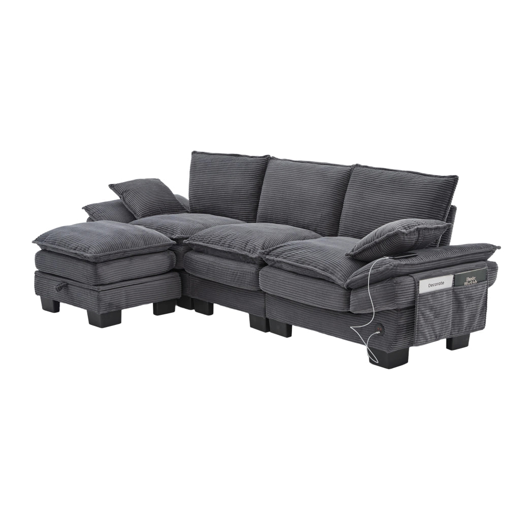 Divano 3 Posti con Poggiapiedi in Tessuto ¨C MINIMAL ¨C Grigio Scuro