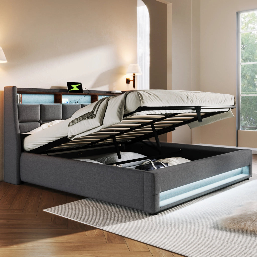 Letto doppio imbottito; 180x200cm; con LED e USB; telaio in tessuto di lino