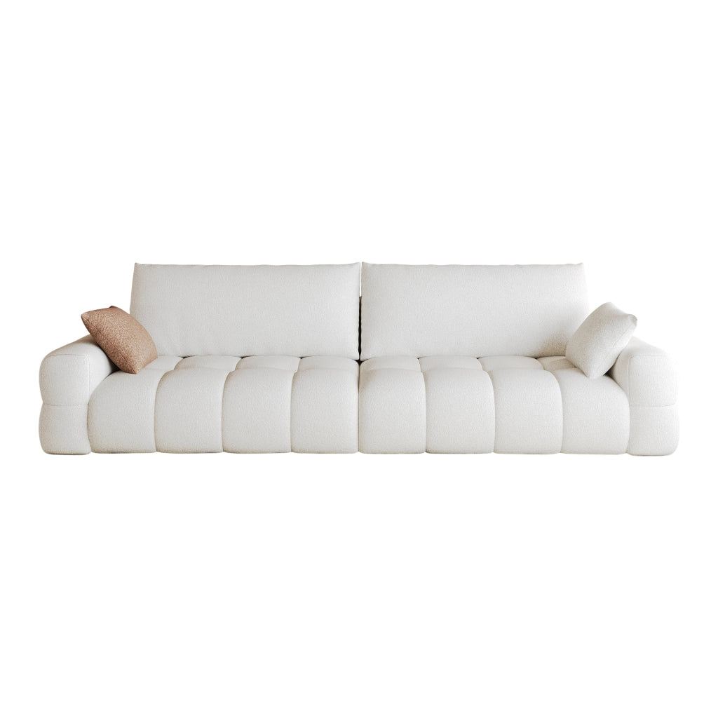 Divano modulare con chaise longue reversibile; seduta profonda e senza montaggio in tessuto bianco crema; 260 cm