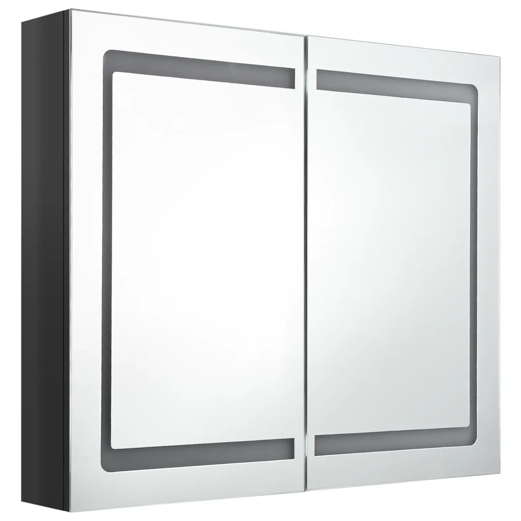 Armadietto Bagno con Specchio e LED-Mobiletto a specchio Nero Lucido 80x12x68 cm