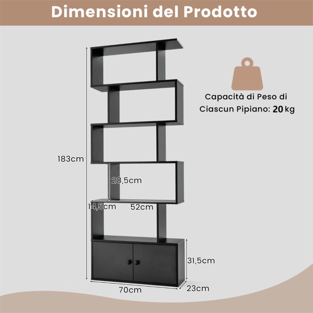 Libreria a forma di S a 5 livelli con ante, Scaffali decorativi in legno per il soggiorno l'ufficio Nero