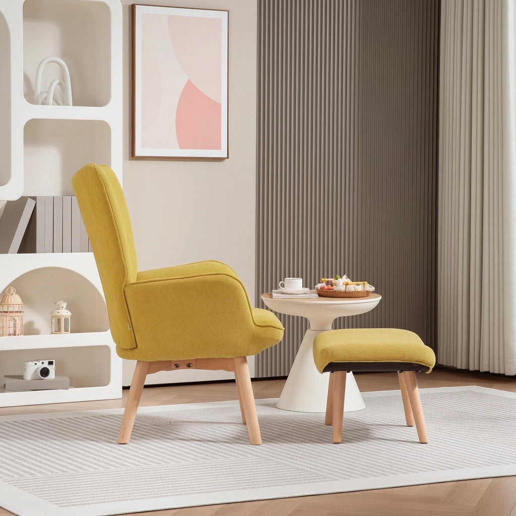 Poltrona relax con poggiapiedi ¨C Xylo ¨C tessuto effetto velluto a coste, gambe in legno, arancione
