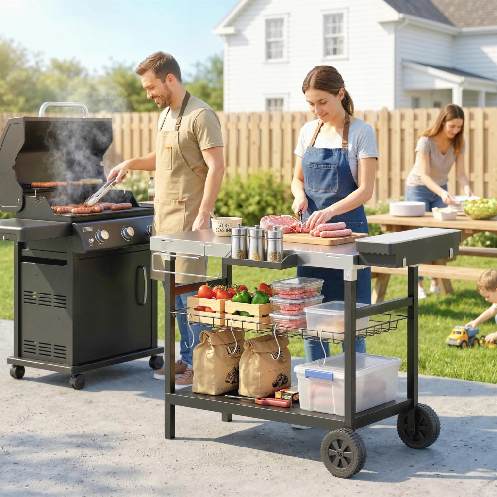 Carrello Barbecue da Esterno 114x61x81 cm con Piano in Acciaio Inossidabile Porta Spezie Ganci e Maniglia Laterale Nero