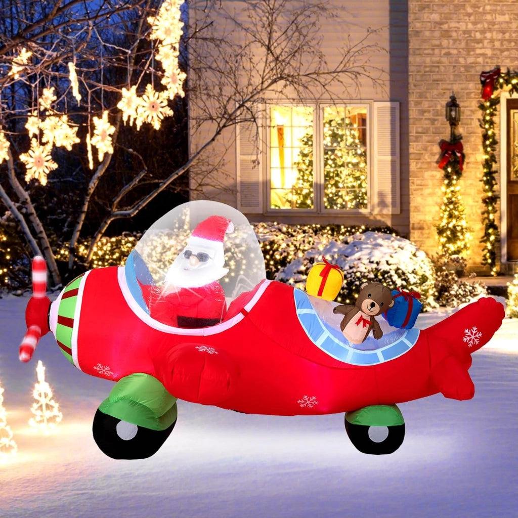 Babbo Natale Gonfiabile su Aereo 120 cm, Decorazione Natalizia da Esterno con Orsetto, Scatole Regalo e Luci LED, Decorazione Gonfiabile Invernale per Festa, per Giardino, Cortile e Casa