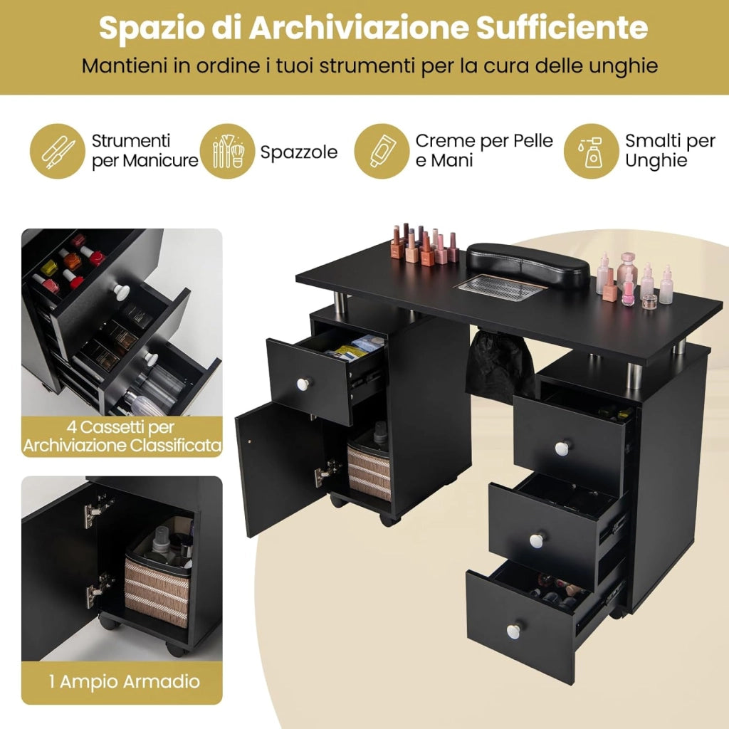 Tavolo Manicure con Aspirapolvere, Tavolo Unghie con Cassetti, Spina, 3 Sacchetti, Armadietto, Cuscino Poggia Polso e 8 Ruote blocabili, Banco Ricostruzione Unghie in Legno (Nero)