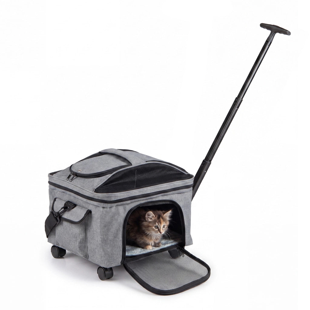 Trasportino per gatti e cani con manico telescopico con tappetino lavabile finestra in rete apribile, Borsa trasportino pieghevole con ruote scorrevoli
