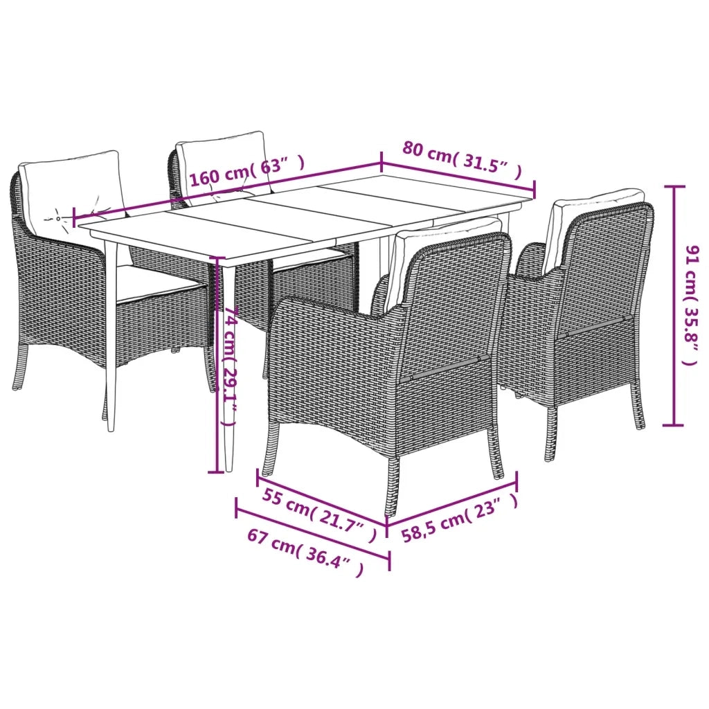 Set da Pranzo da Giardino 5 pz Nero con Cuscini in Polyrattan 3211923
