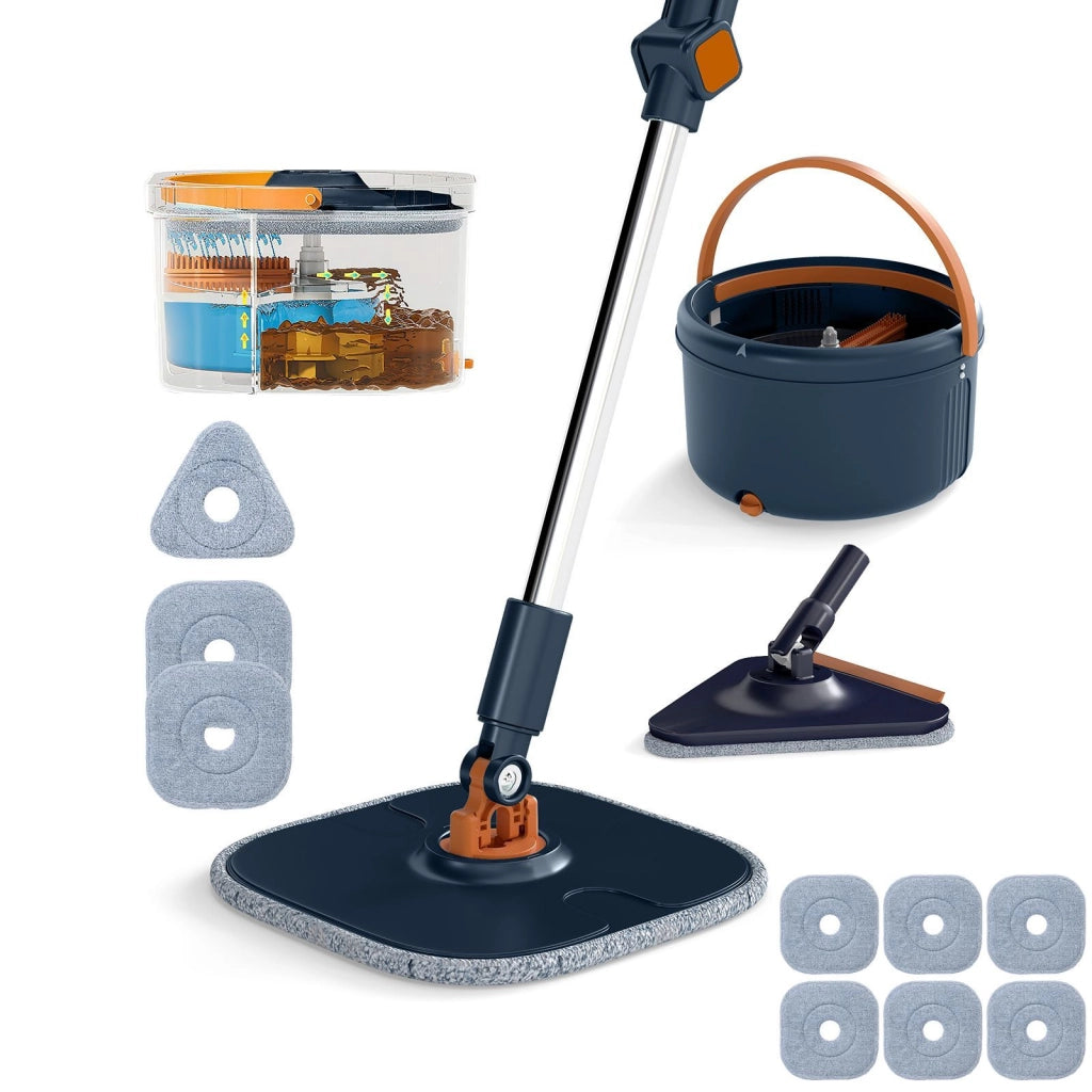 Sistema con mocio piatto e secchio con 2 testine e 9 panni in microfibra, Set mocio e secchio con strizzatore per pavimenti bagnati e asciutti Blu scuro