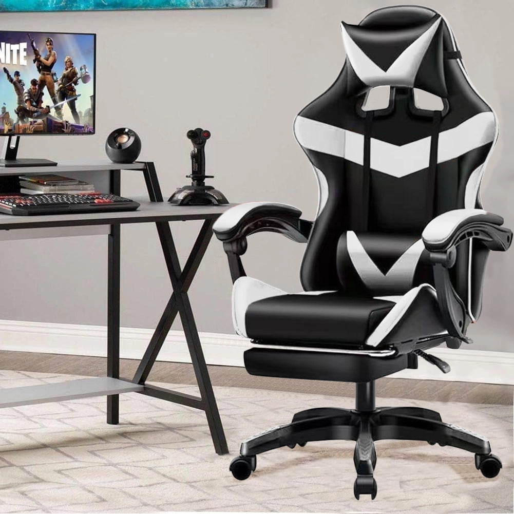 Sedia Gaming da Scrivania con Poggiapiedi e Cuscino Lombare e Cervicale Bianco