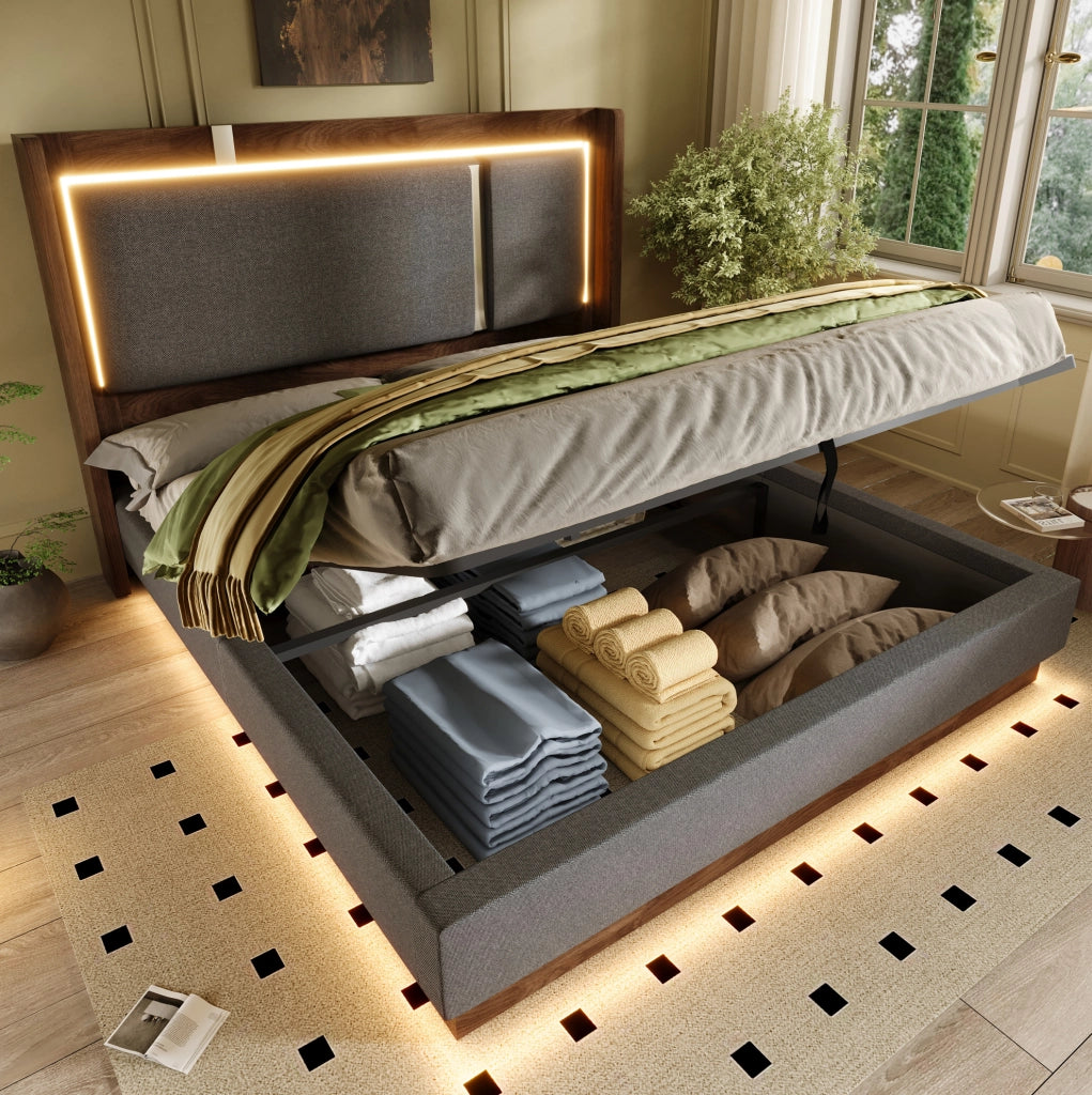 Letto imbottito 140x200 con LED, vano contenitore e rete a doghe