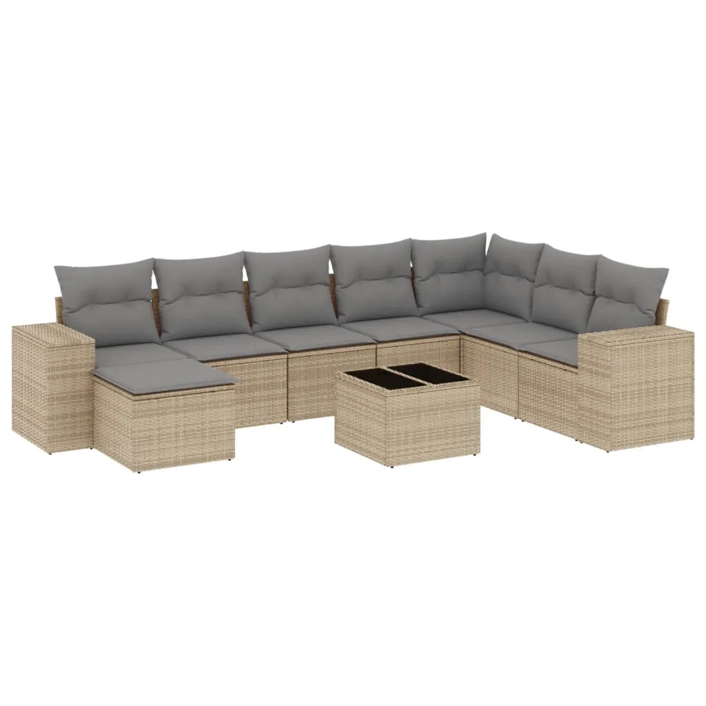 Set Divano da Giardino 9 pz con Cuscini Beige in Polyrattan