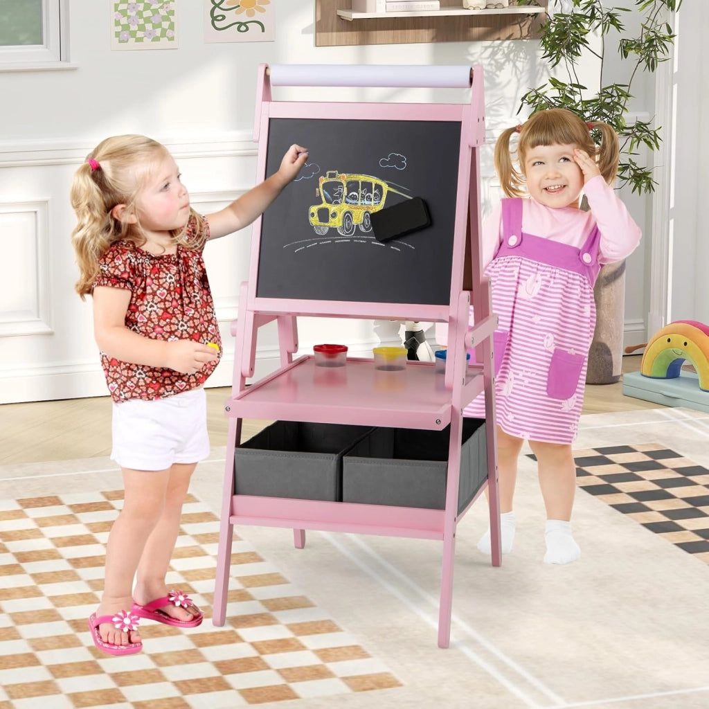3 in 1 Cavalletto per Bambini, Cavalletto con Doppia Faccia Magnetica e Lavagna Bianca, Rotolo di Carta, 3 Bicchieri per Vernice e 2 Cestini in Tessuto, per Bambini 3-6 Anni (Rosa)