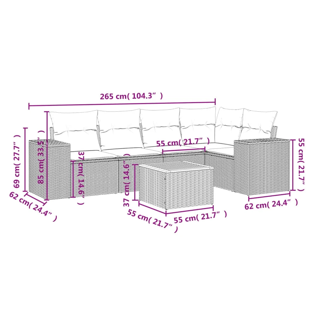 Set Divano da Giardino 6 pz con Cuscini Nero in Polyrattan