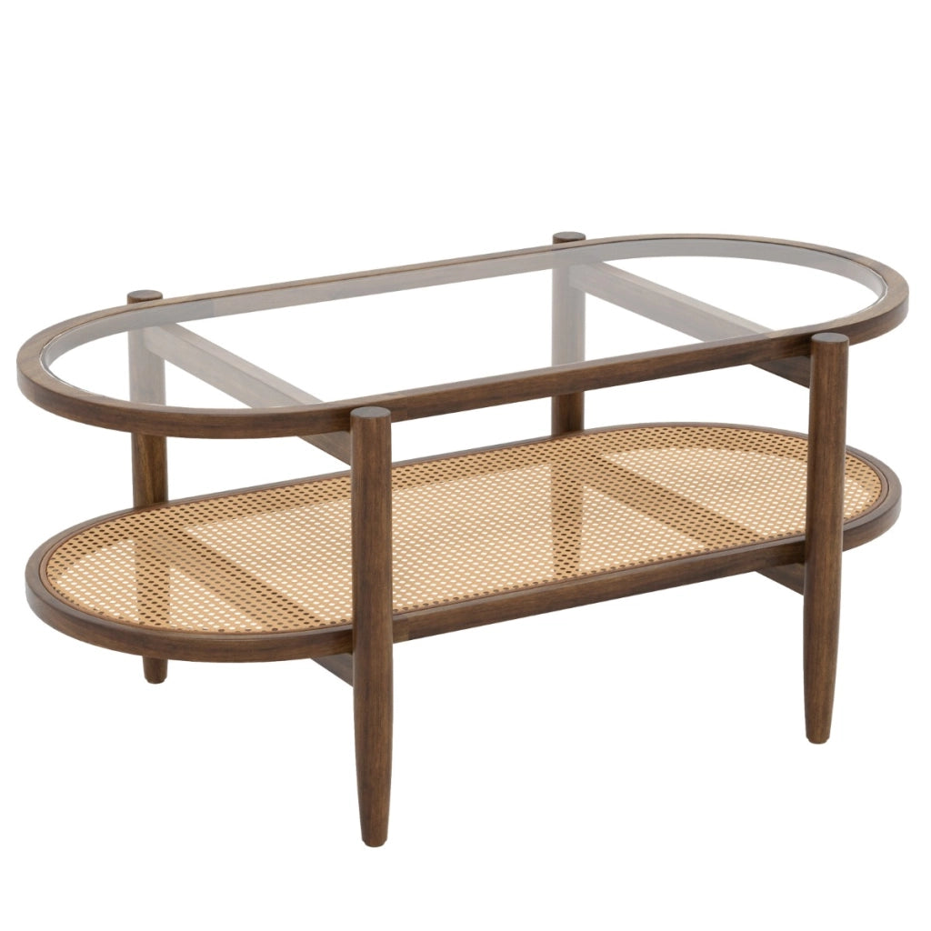 Tavolino da caff¨¨ a 2 piani cornice in legno d'acacia, Tavolo da salotto in rattan PE con piano in vetro Marrone-Tavolini da salotto