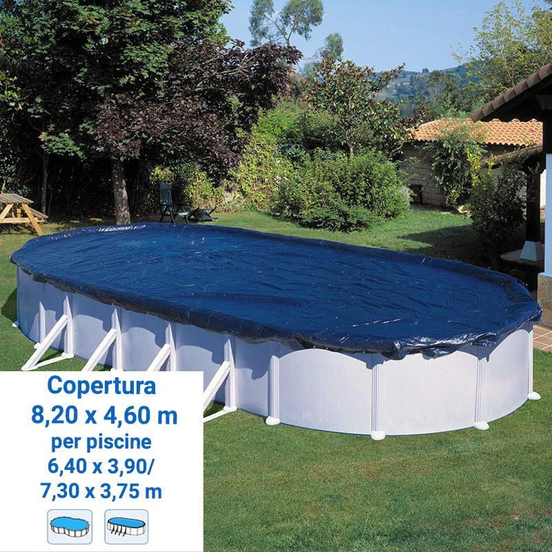 Copertura invernale in polietilene 180 gr/m² per piscine fuori terra in acciaio forma ovale e di otto - Copertura Invernale In Polietilene 180 Gr/m² Per Piscine Fuori Terra In Acciaio Forma Ovale E di Otto Copertura Invernale 8,20 X 4,60 M In Polietile Misure: 8.20 x 4.60 m