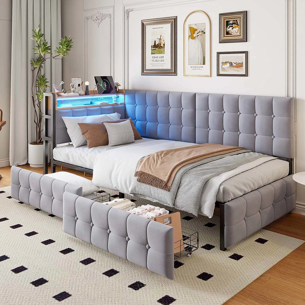 Divano letto - Xylo - 90x200 cm 2 cassetti LED USB grigio
