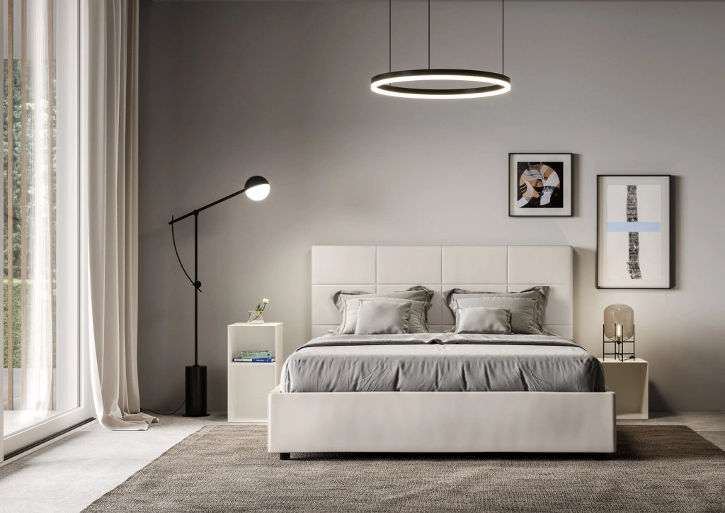 BS COM Letto queen size con rete imbottito 150x190 similpelle bianco