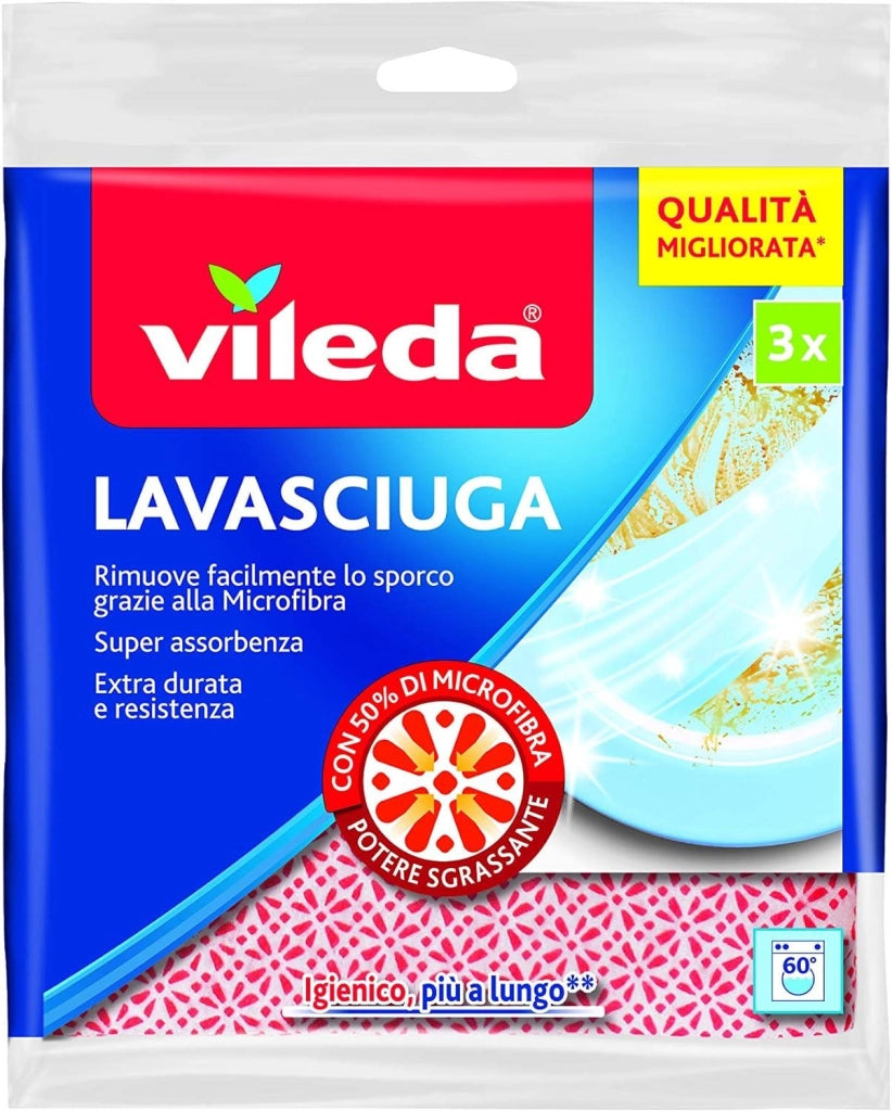 VILEDA 3 PANNI LAVASCIUGA ANTIBATTERICI POTERE SGRASSANTE ASSORTITI