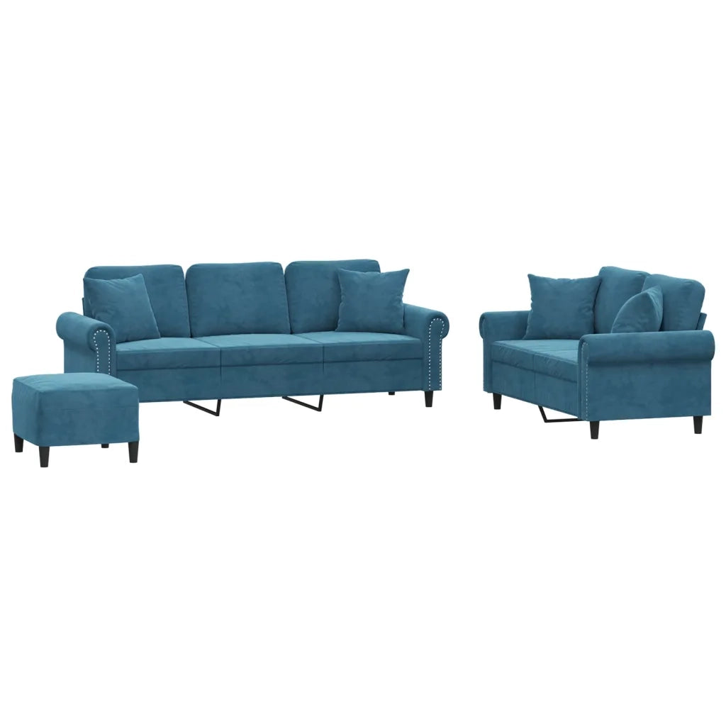 Set di Divani 3 pz con Cuscini Blu in Velluto