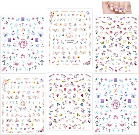 Stickers per unghie 3D - Autoadesivi - 500+ Disegni - Unaquila/Fiori - Arte per unghie per bambini - Dimensioni 10 x 8 cm - Adatti per regali - Stickers per arte per unghie