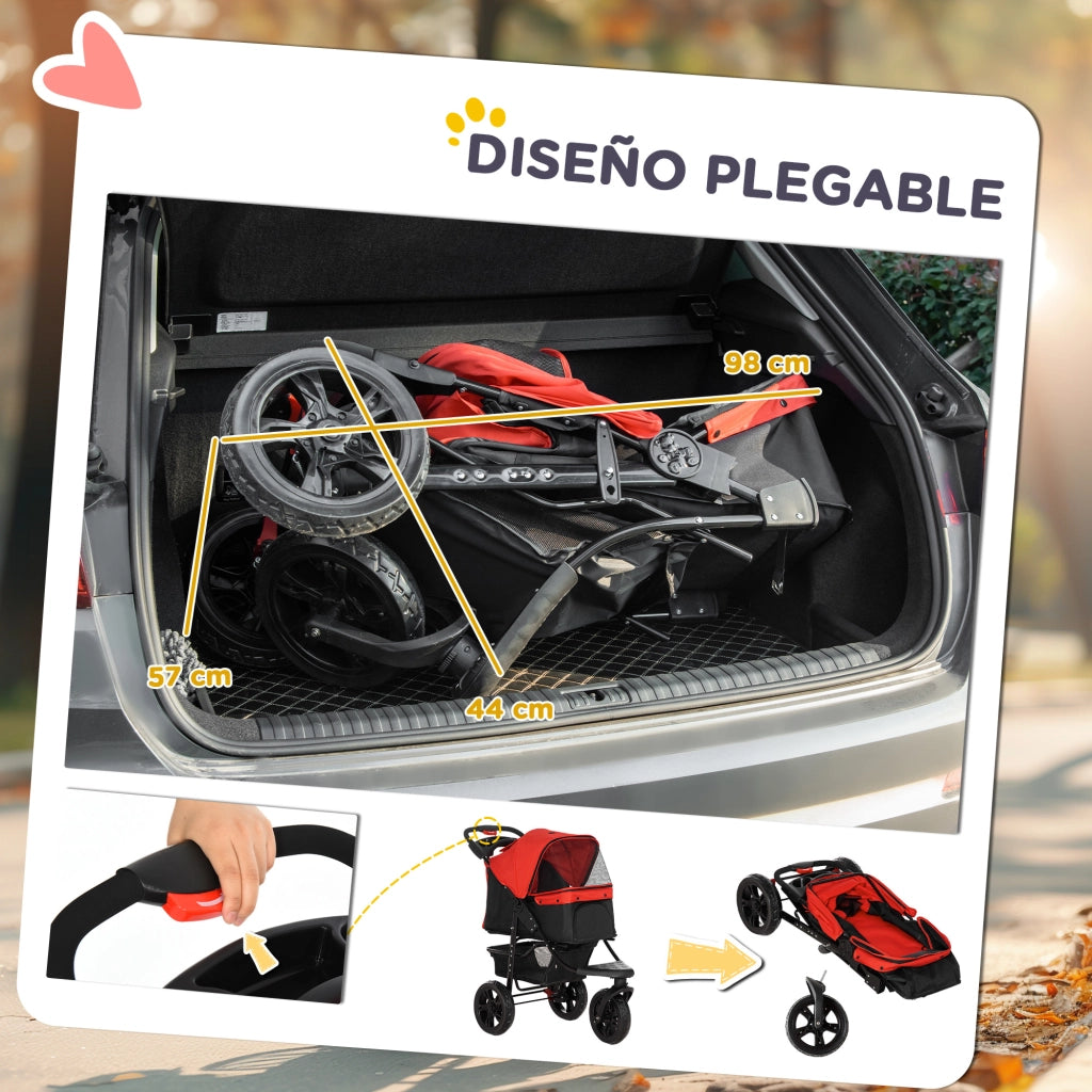 Passeggino per Cani a 3 Ruote ¨C Xylo ¨C con Finestre in Rete, Cestino Portaoggetti e Cinture di Sicurezza, 109,5x57,5x106,5 cm, Rosso