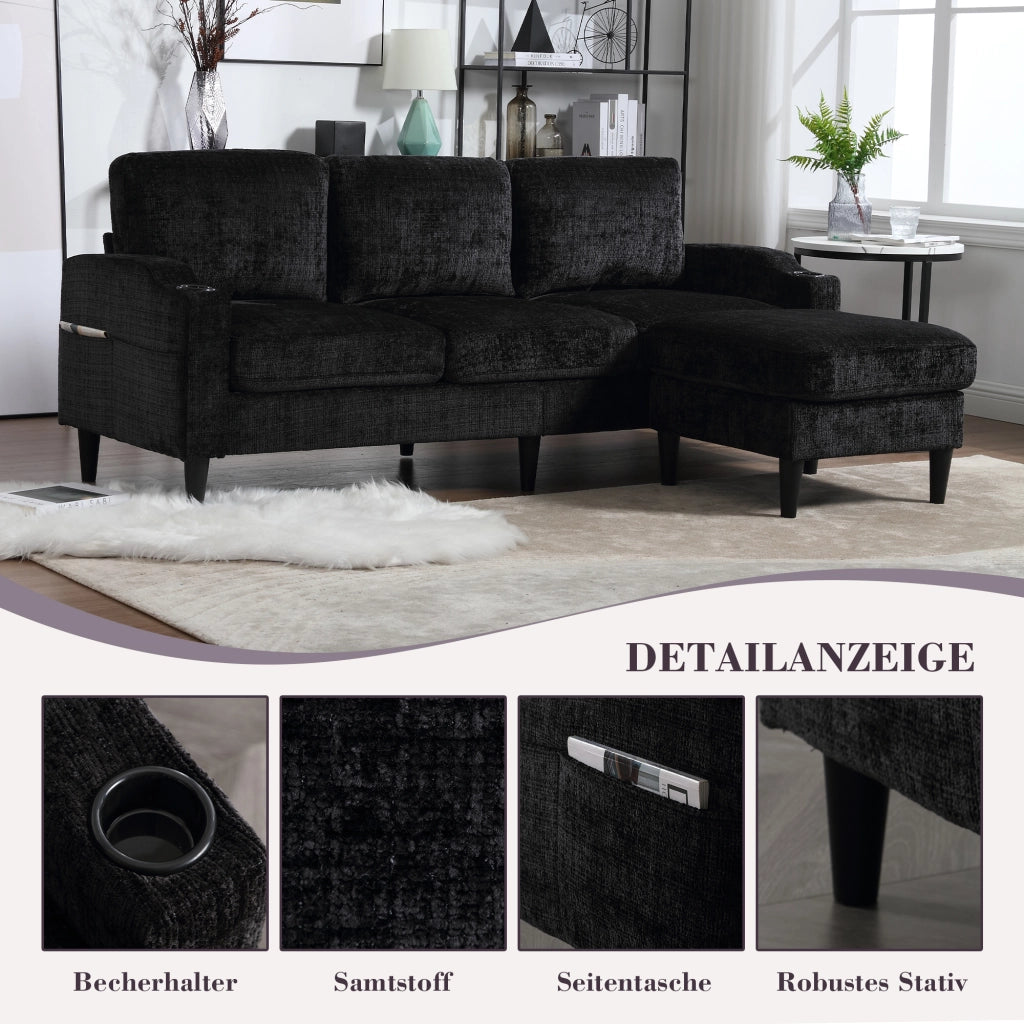 DIVANO 4 POSTI CON POUF CONTENITORE 196,5x75x77 cm CHENILLE NERO