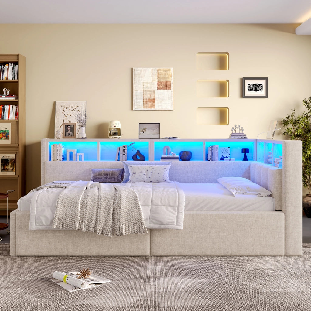 LETTO DAYBED 90x200 cm in lino beige con LED, USB e vano contenitore