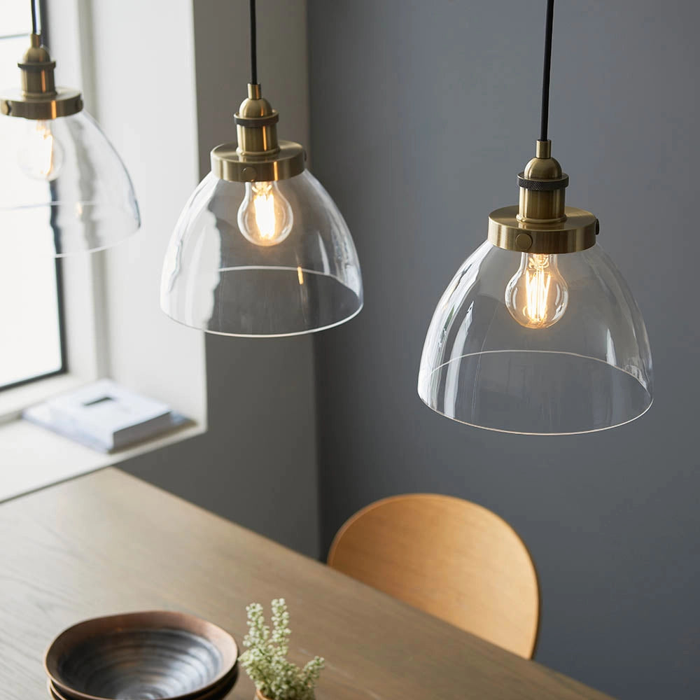 Lampada a sospensione industriale ottone anticato vetro 3xE27