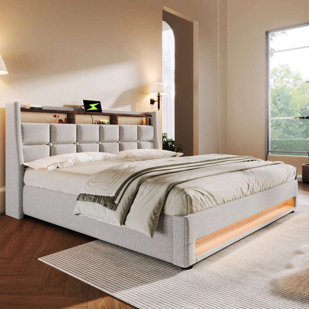 LETTO Contenitore 180x200 cm Beige in lino con USB e LED