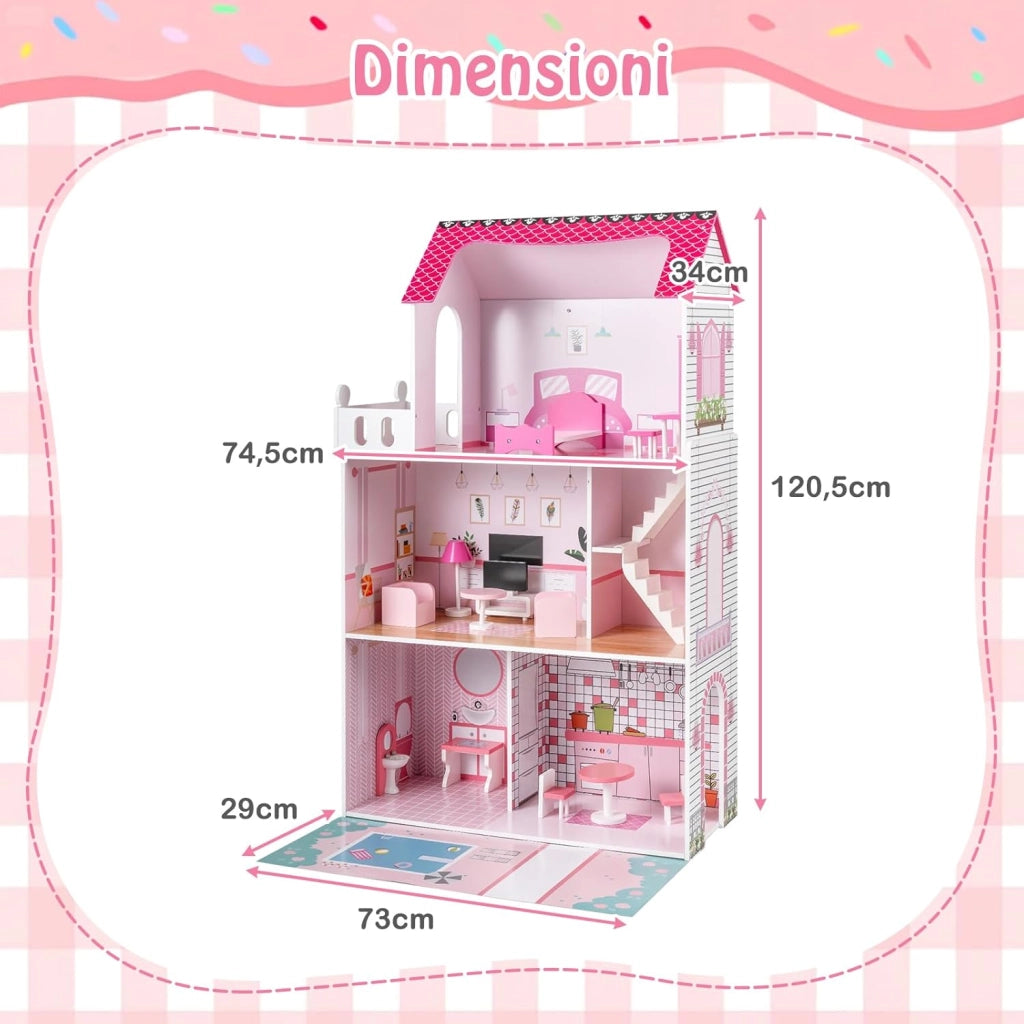 Casa delle Bambole a 3 Piani in Legno, Casa Barbie con Scale e 17 Pezzi di Mobili Completi, Villa da Principessa Fai-da-Te Giocattolo per Bambini 3+ Anni, 74,5 x 63 x 120,5 cm (Rosa)