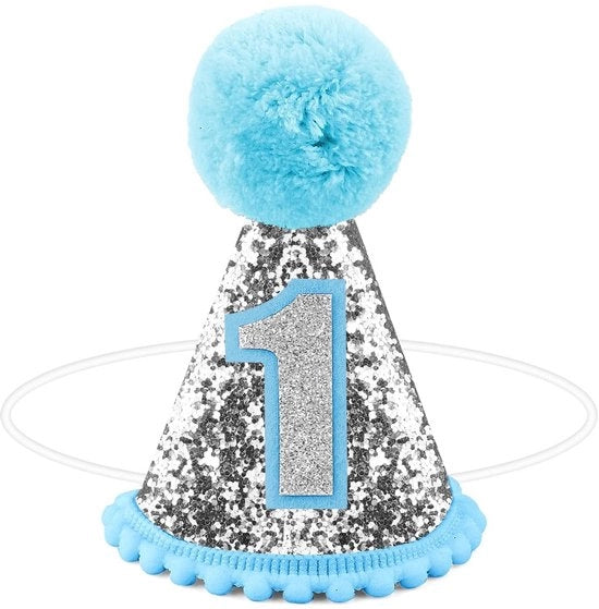 Cappello di compleanno Premium con pelliccia di lupo - Cappello decorativo per compleanni - Decorazione per compleanni - 11x8cm - Argento/Azzurro