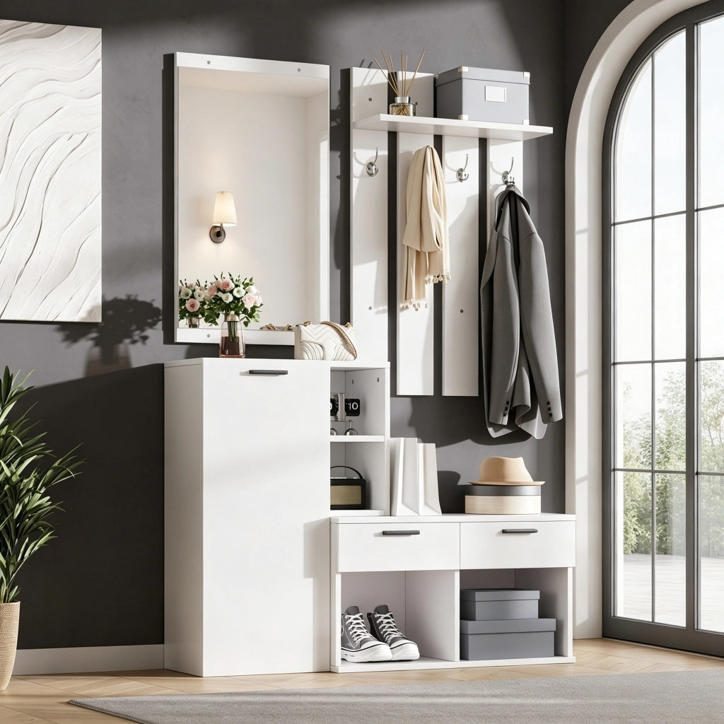 Set da ingresso composto da scarpiera, specchio e ganci appendiabiti, con 2 cassetti, in MDF, bianco