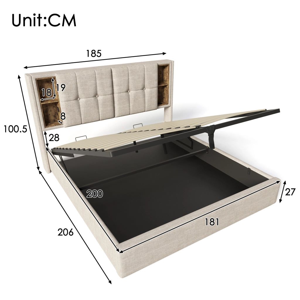 Letto Contenitore Matrimoniale 180x200 cm; USB e Type-C; Ricarica Wireless - Lino