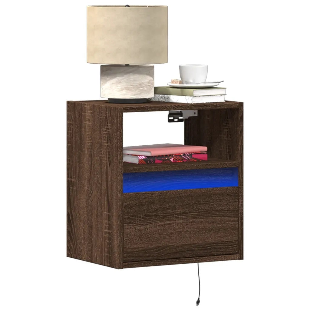 Comodini a Parete con luci LED 2 pz Rovere Marrone 3307988
