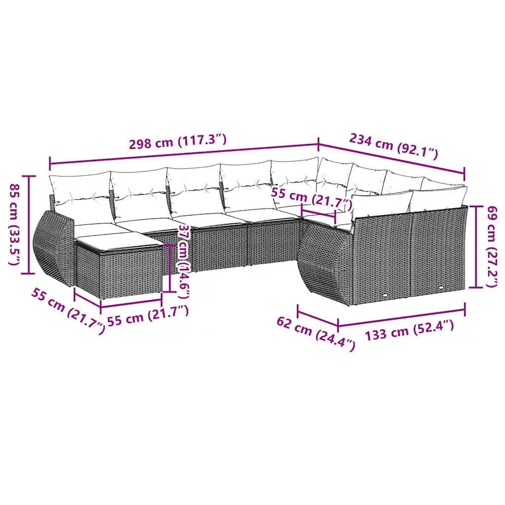 Set Divano Giardino 10 pz con Cuscini Grigio Chiaro Polyrattan 3254199