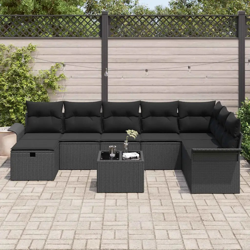 Set Divano da Giardino con cuscino 9 pcs Nero Poly Rattan