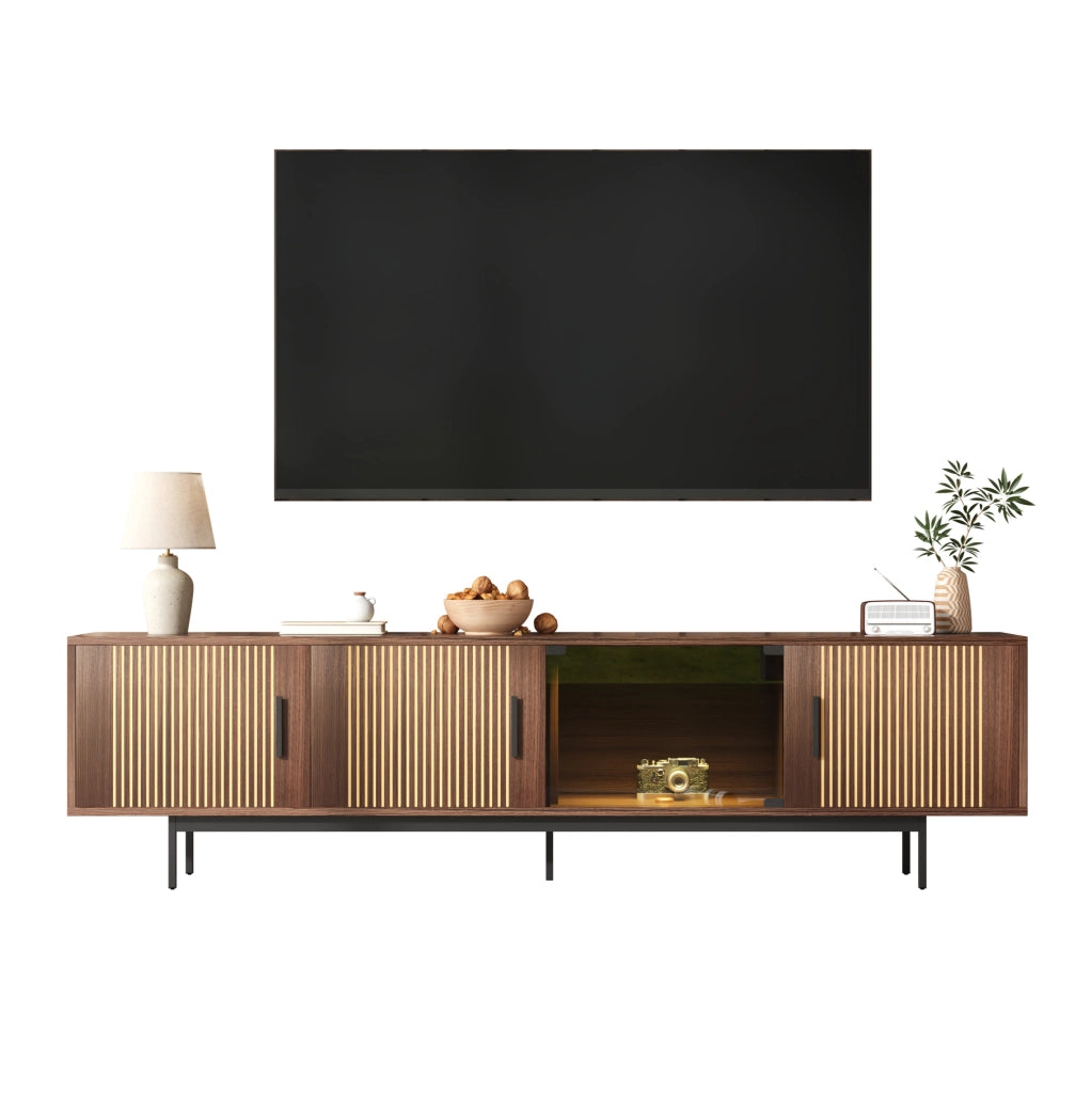 Mobile TV moderno 200x35x53 cm con striscia LED Bluetooth; nero e noce