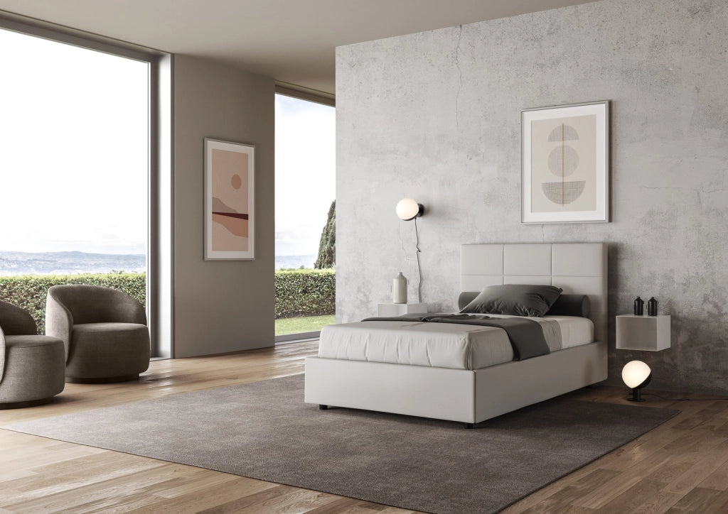 BS COM Letto una piazza e mezza contenitore imbottito 120x210 similpelle bianco