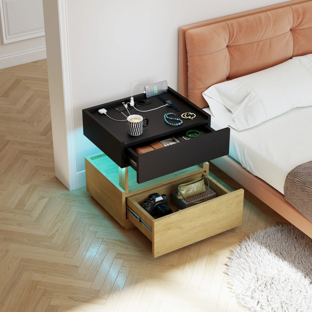 Comodino, 2 cassetti, tavolino a due ripiani, luce a LED, nero e color legno naturale