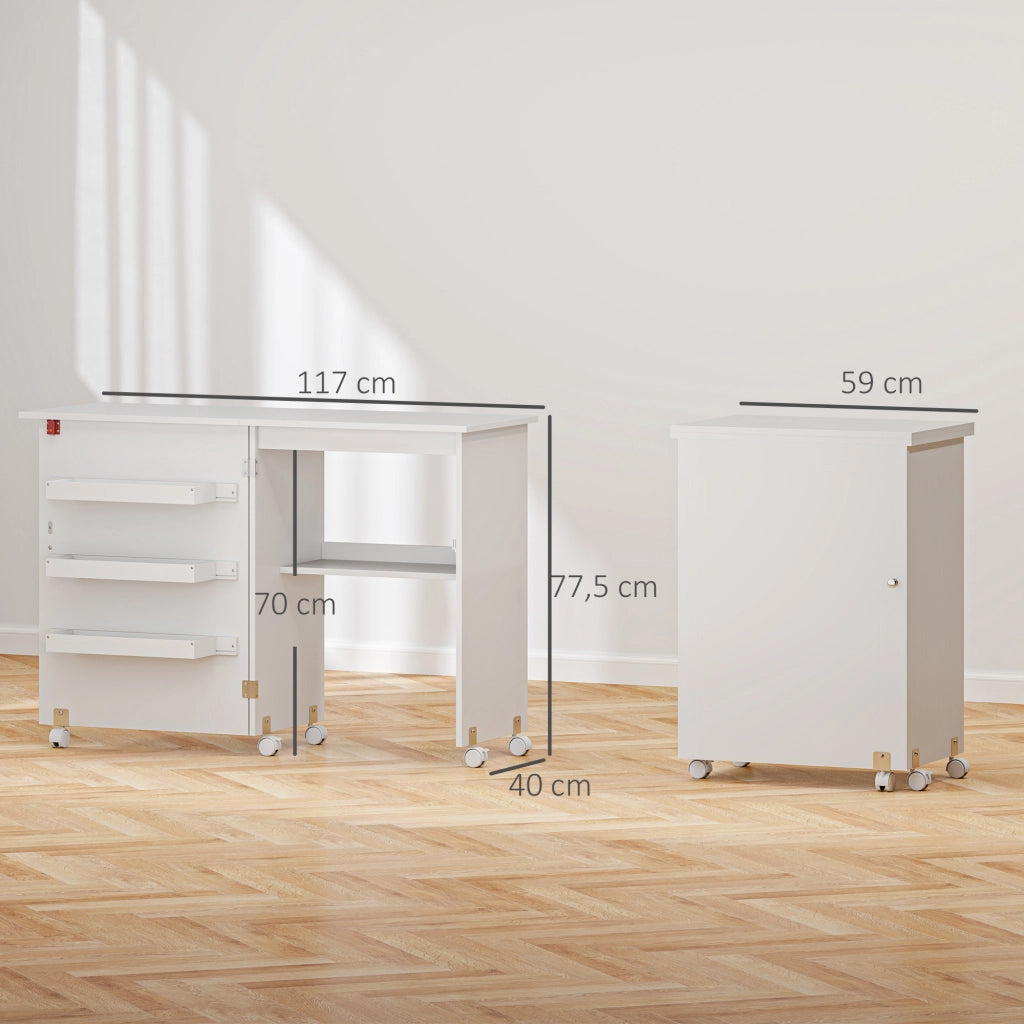 Tavolo da cucito pieghevole con ripiani e ruote ¨C Minimal ¨C bianco