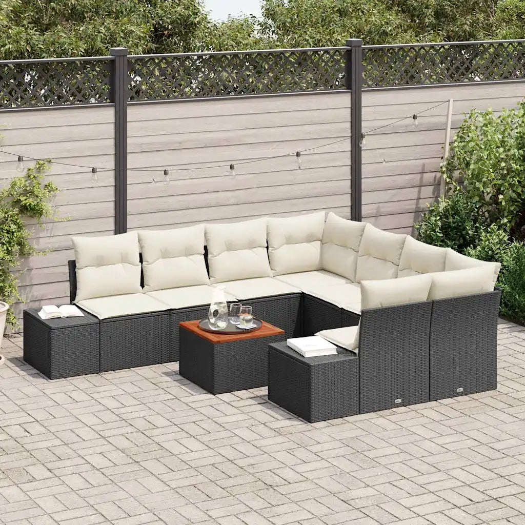 Set Divano da Giardino con cuscino 9 pcs Nero polyrattan