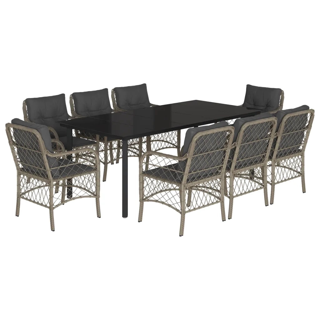 Set Pranzo da Giardino 9pz con Cuscini Grigio Chiaro Polyrattan