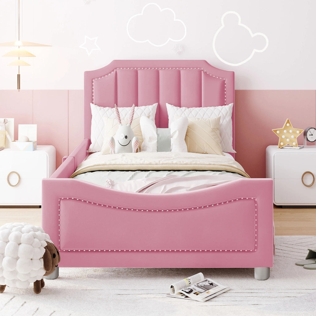 LETTO imbottito 90x200 cm in flanella rosa con testiera e pediera