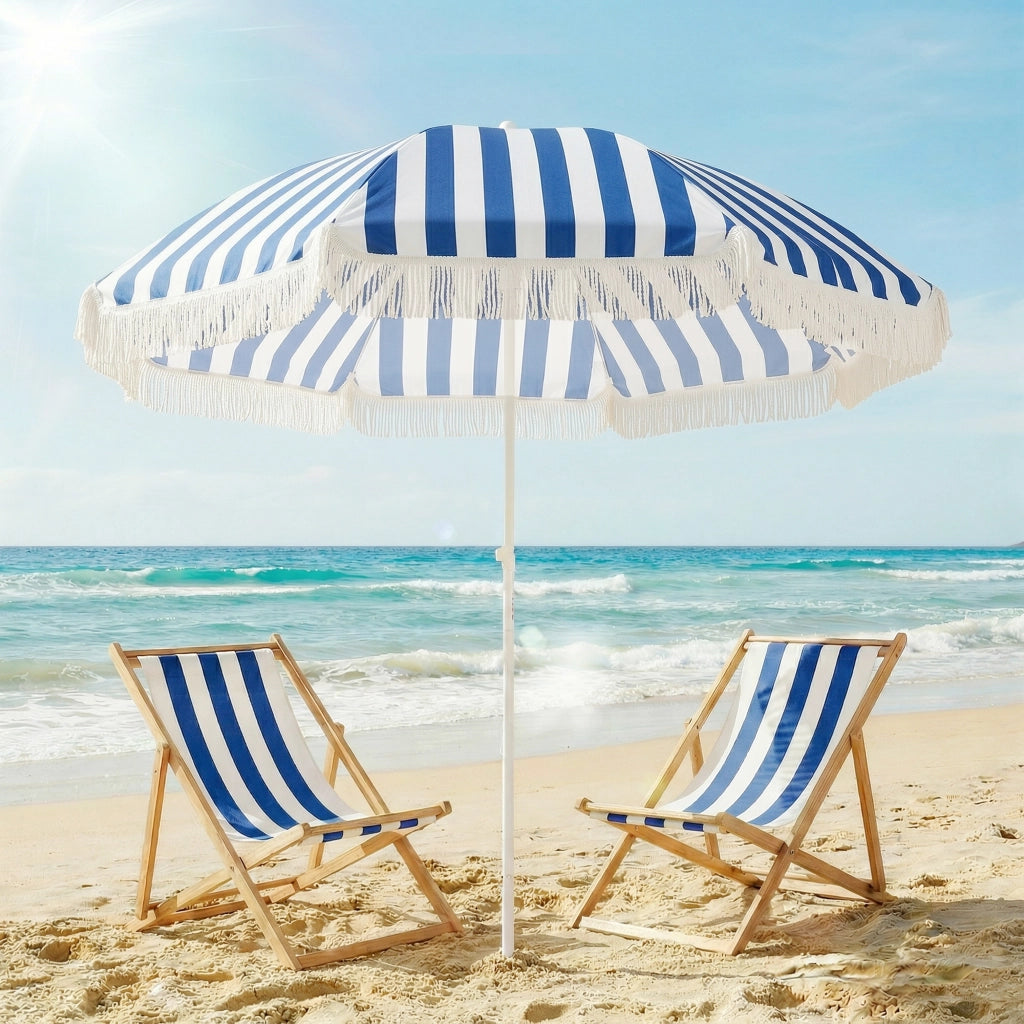 Ombrellone da Giardino con Frange ¨C Minimal ¨C Blu e Bianco ?180 cm