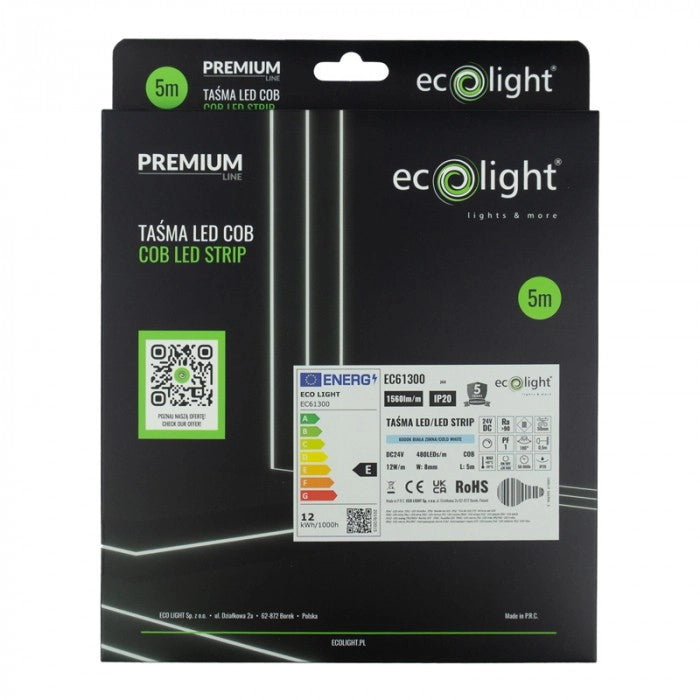 Striscia LED COB 480 24V 12W/m 6000K IP20 5m Ecolight