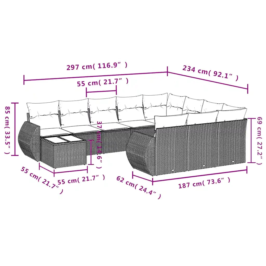 Set Divani da Giardino 11 pz con Cuscini Polyrattan Marrone