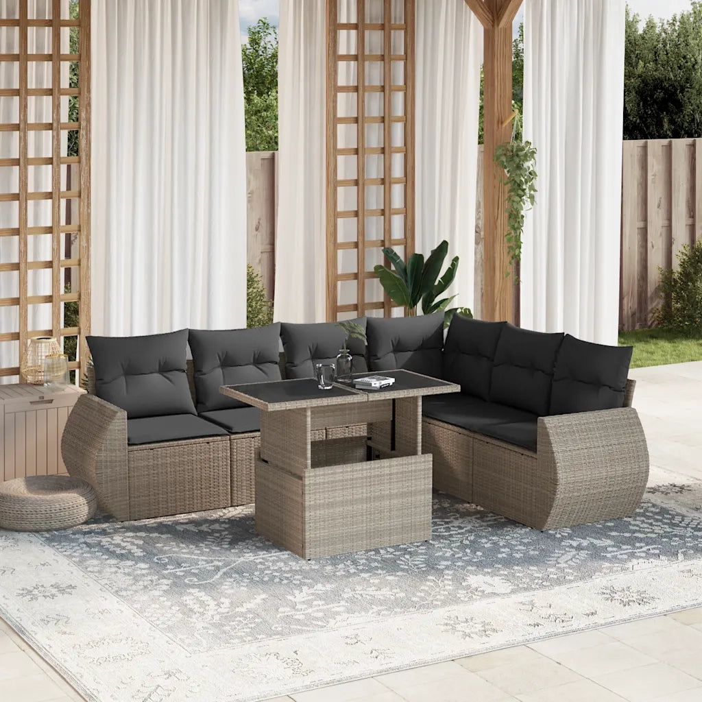 Set Divani da Giardino 7pz con Cuscini Grigio Chiaro Polyrattan