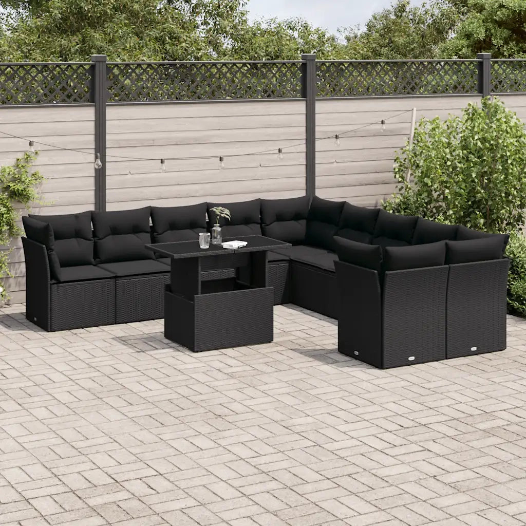 Set Divani da Giardino 11 pz con Cuscini in Polyrattan Nero